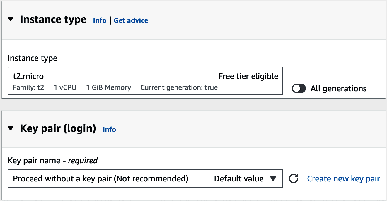 Configure the instance type and key pair to use for your EC2 instance