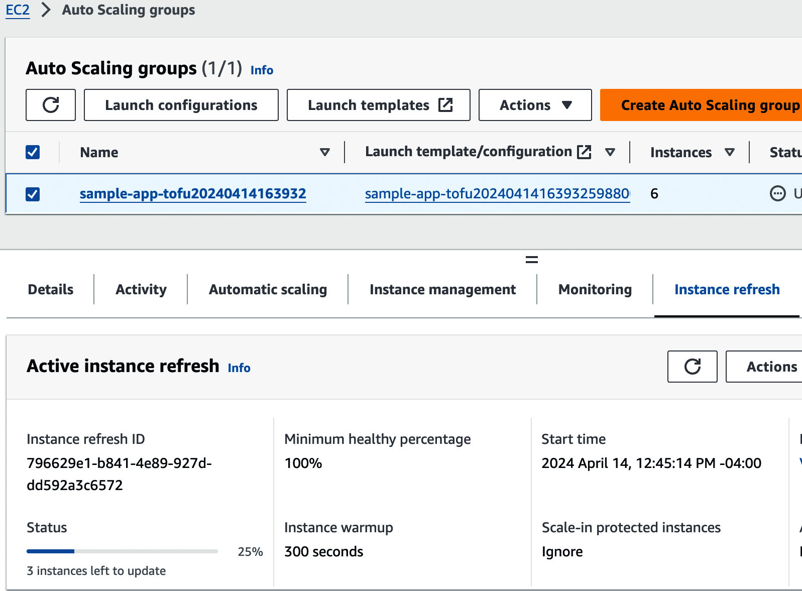 Using the EC2 console to see an ASG instance refresh in progress