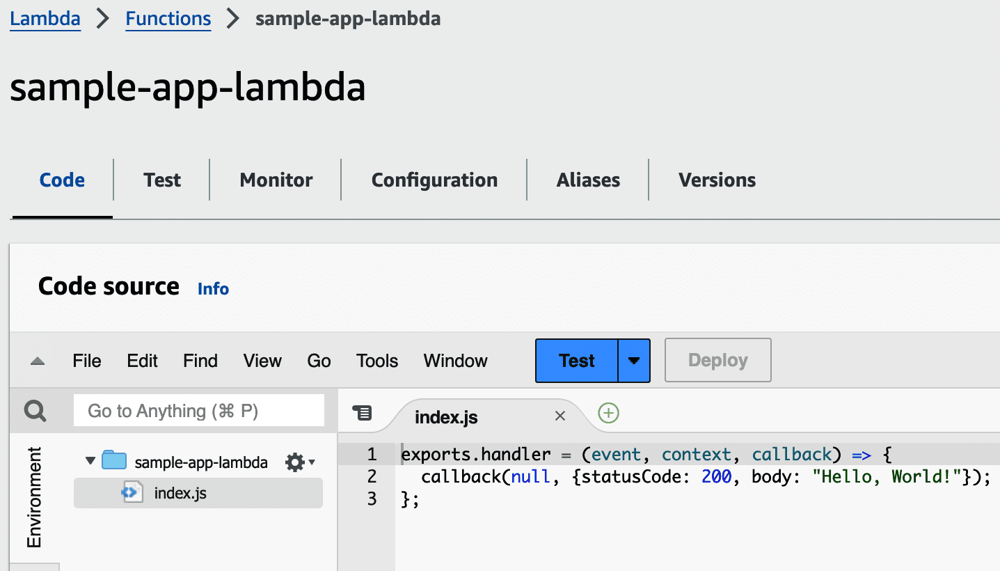 The Lambda console shows your newly created function