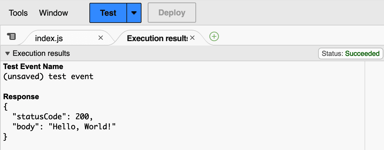 The output from manually triggering the Lambda function with a test event