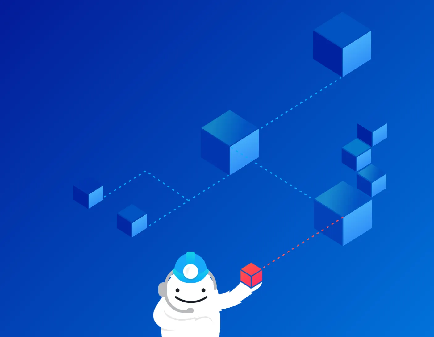 Illustration of the Gruntwork mascot examining a dependency graph of connected blue and red cube modules.